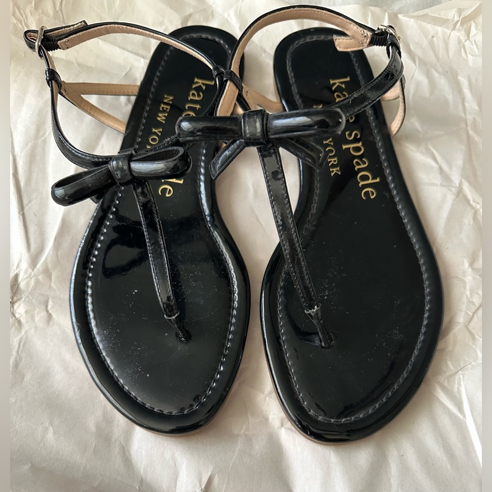 Kate Spade Glossy Black Sandals with Bow Accent